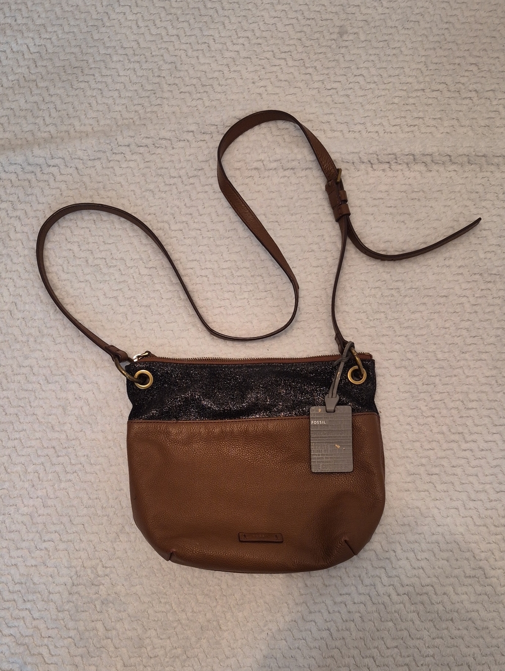 Fossil Brown Crossbody Bag with Black Metallic Accent